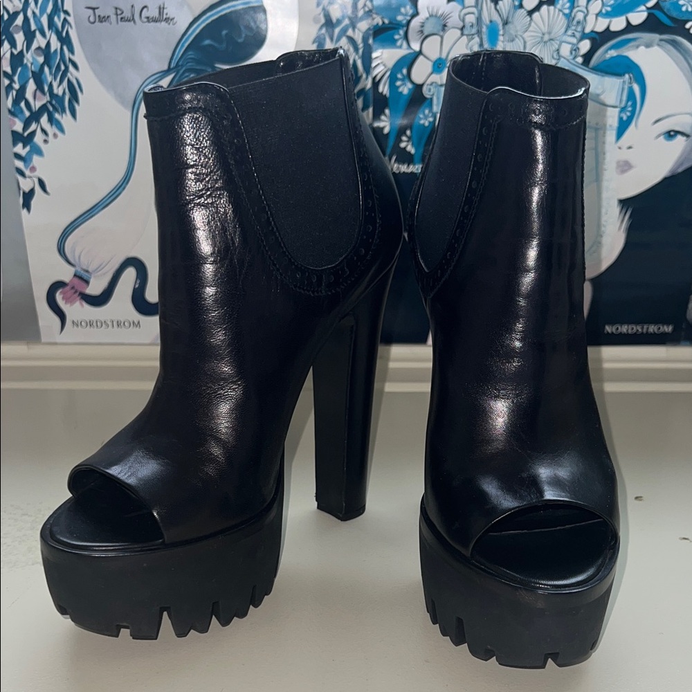 Versus By Versace Glossy Black Platform Peep-Toe Boots